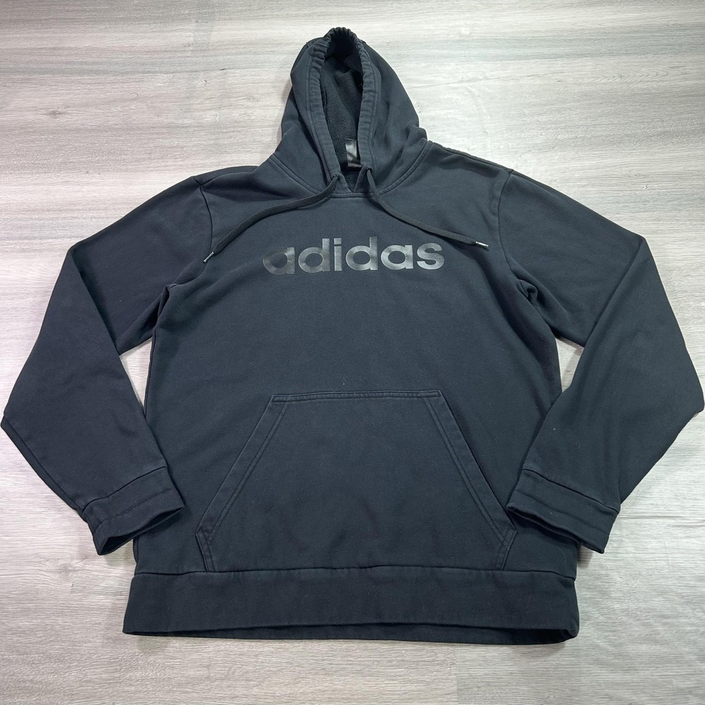 Adidas Hoodie Mens Medium Black Pullover Sweatshirt Fleece Spell Out Logo ER8833